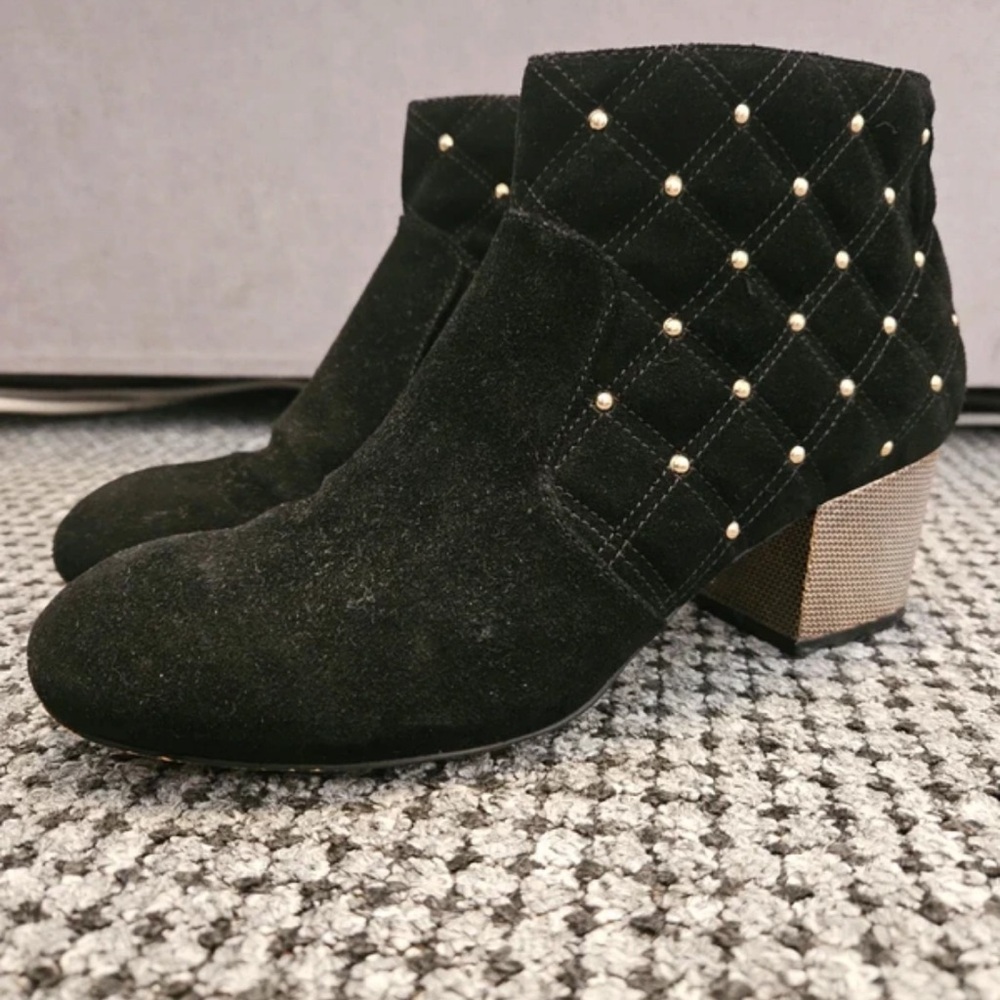 Elegant Black Quilted Ankle Boots with Gold Studs
